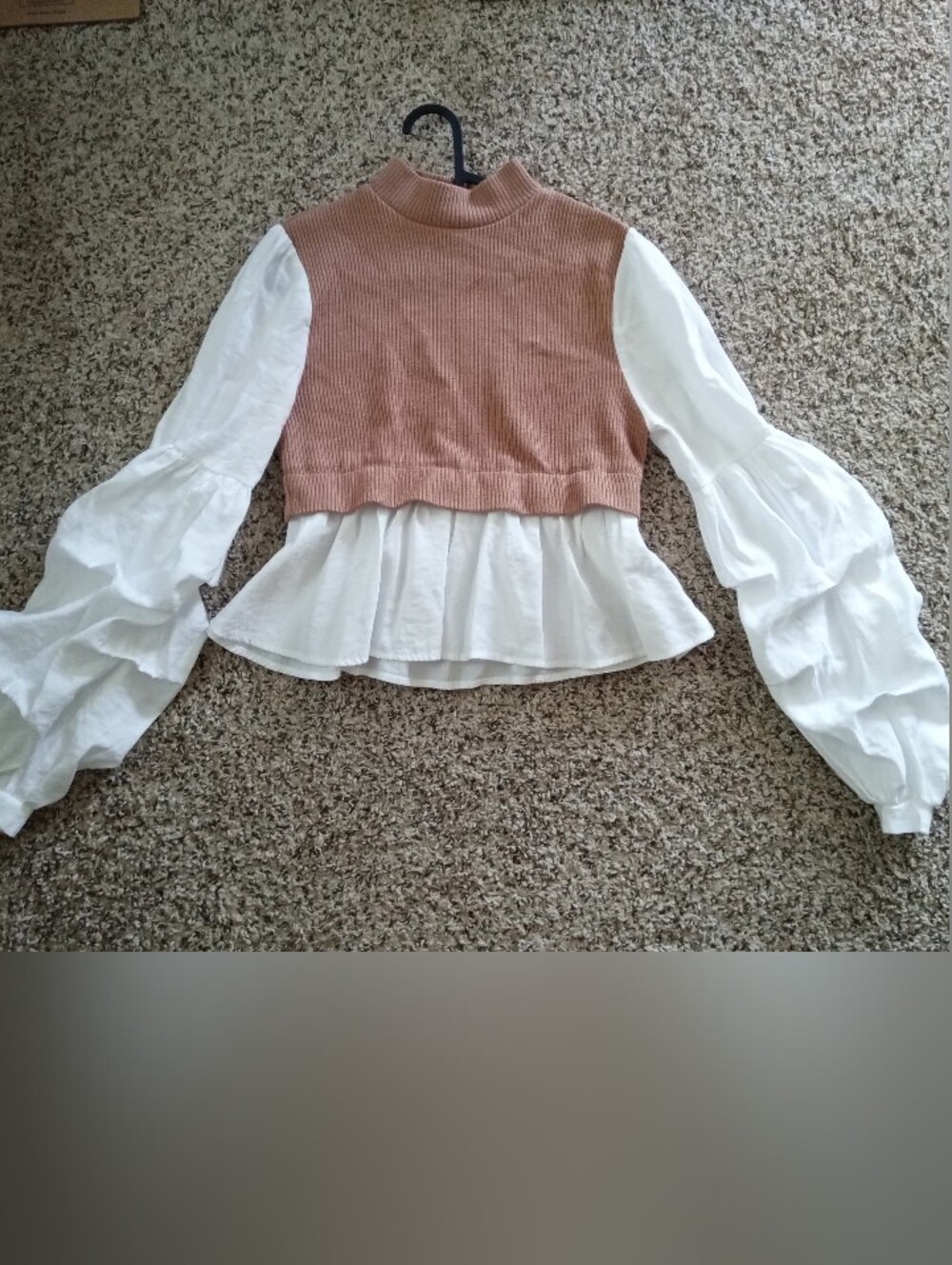 Anthropologie Mixed Media Mock Neck Ruffle Sleeve Peplum Top Tan Medium - Picture 2 of 10